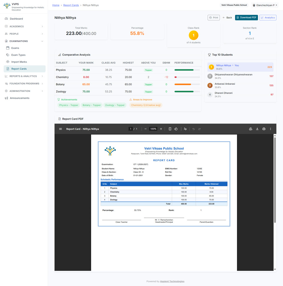Aspirant 360° — Report Card screenshot